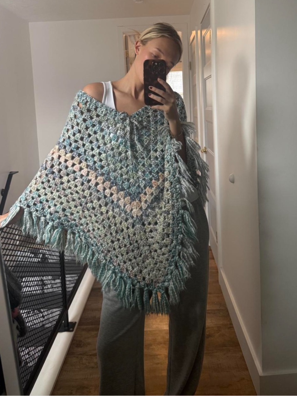 Handmade Blue-Green Crochet Fringe Poncho